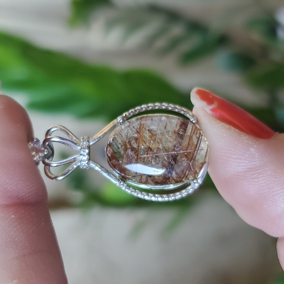 New Silver Wrapped Gold Rutilated Quartz Oval Rhinestone Crown Pendant. - Picture 7 of 12